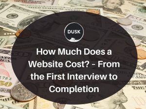 1 Front image of a blog titled "How much does a website cost? - From first interview to completion "with money and coins as the background and the title displayed in corporate typography