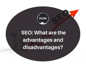 1 Front image of a blog titled "SEO: What are the advantages and disadvantages? "with seo growth illustration as the background and the title displayed in corporate typography