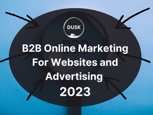 4 front image of a blog titled " B2B Online Marketing for websites and advertising 2023"with b2b illustration as the background and the title displayed in corporate typography