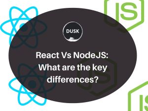 1 Front image of a blog titled "React Vs Node JS: What are the key differences? "with react and nodeJs icons as the background and the title displayed in corporate typography