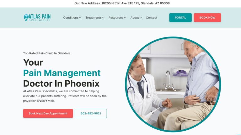 screenshot of Atlas Pain Specialists homepage - Case studies