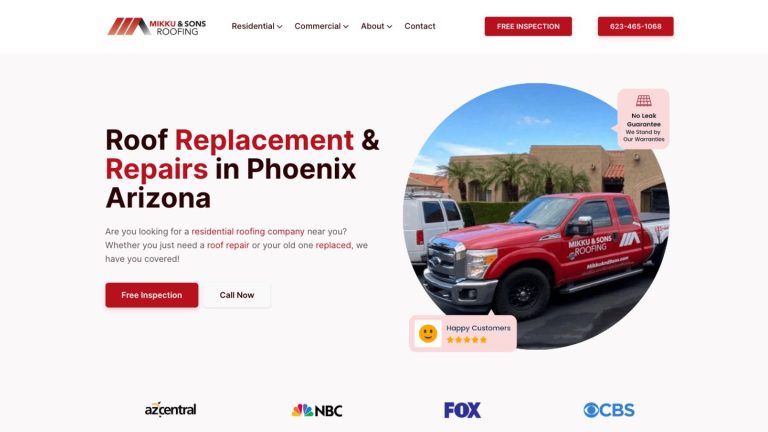 screenshot of Mikku & Sons Roofing homepage - Case Studies