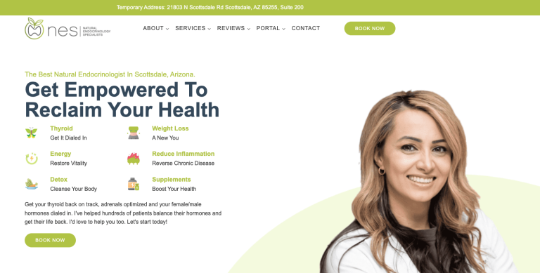 screenshot of Natural endocrinologist Specialists web page with the words 'Get Empowered To Reclaim Your Health ' in bold.