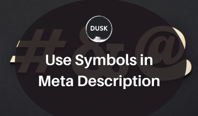 Front image of a blog titled "Use symbols in Meta description "with symbols as the background and the title displayed in corporate typography