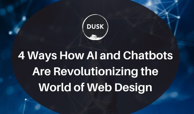 Front image of a blog titled "4 ways how AI and chatbots are revolutionizing the world of web design "with ppc infographic photo illustration as the background and the title displayed in corporate typography