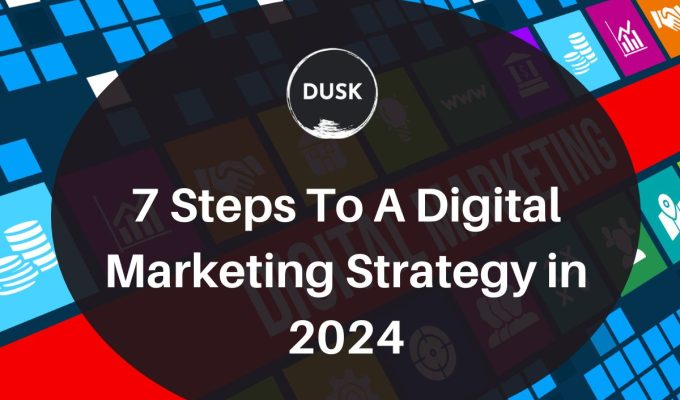 Front image of a blog titled "7 steps to a digital marketing strategy in 2024" with a collage of different digital marketing strategies as the background and the title displayed in corporate typography