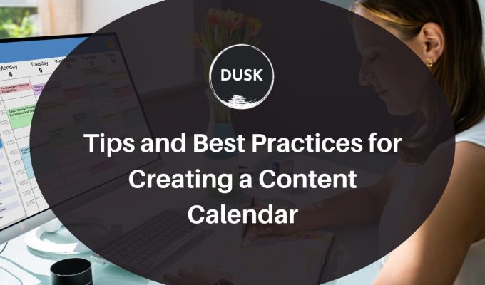 Front image of a blog titled "Tips and best practices for creating a content calendar" with a person browsing on her laptop as the background and the title displayed in corporate typography